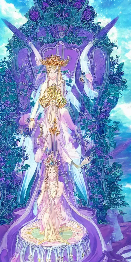 Prompt: a mystical woman priestess sitting on a throne, the divine feminine, drawn by studio UFOTABLE, pastel colors, Tarot cards. The empress tarot card, detailed, anime