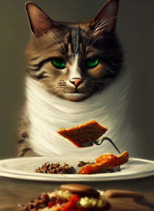 Image similar to a whimsical portrait of a cat stealing food ; by greg rutkowski, sung choi, mitchell mohrhauser, maciej kuciara, johnson ting, maxim verehin, peter konig, final fantasy, marco lense, hd, high detail, atmospheric, trending on artstation