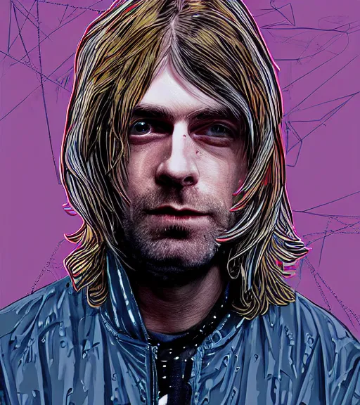 Prompt: Kurt Cobain with multiple digital patchwork faces, techwear, Industrial Scifi, detailed illustration, character portrait, by Martin Grip and Moebius