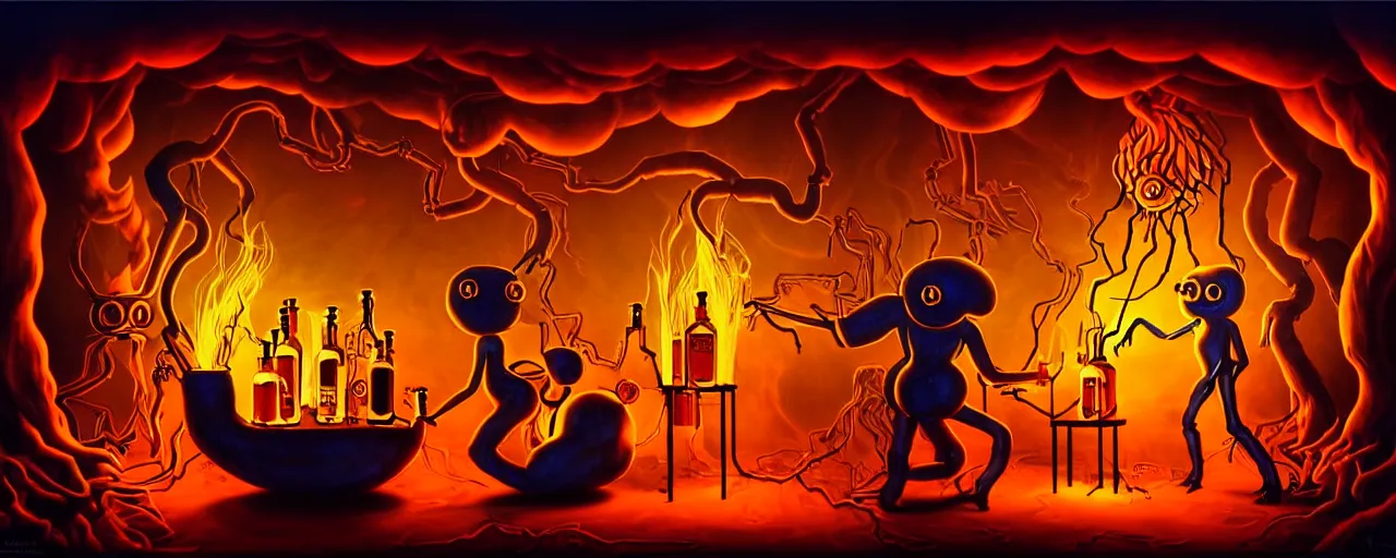 Image similar to uncanny alchemist chthonic creatures inside a fiery alchemical lab within the left ventricle of a human heart, dramatic lighting, surreal 1 9 3 0 s fleischer cartoon characters, surreal painting by ronny khalil