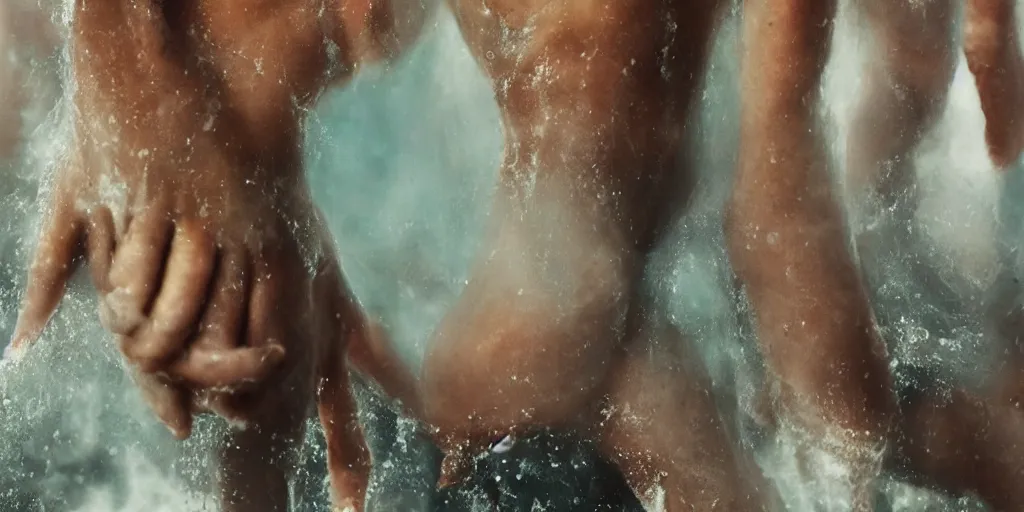 Prompt: a blurry closeup picture of gorgeous human bodies intertwined, female bodies, hands, dripping wet, macro photography, long exposure photograph, surrealism, anamorphic bokeh, cozy, soft light, cyan and orange, caustic, atmospheric fog, octane render, cinematic