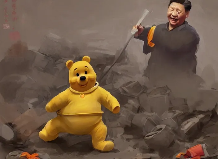 Image similar to portrait of Xi Jinping dressing up as Winnie the Pooh in a trashy Chinese dirt poor trashcan, hungry, beta weak male, digital painting, concept art, smooth, sharp focus, illustration, from Metal Gear, by Ruan Jia and Mandy Jurgens and William-Adolphe Bouguereau, Artgerm