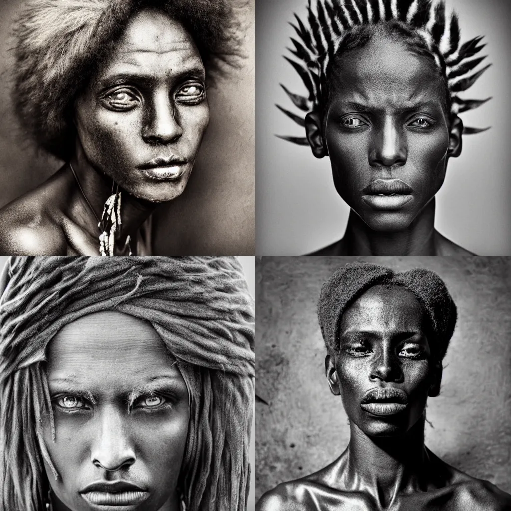 Prompt: Award winning photo of an ancient African androgynous model, with incredible hair and beautiful eyes wearing animal skin by Lee Jeffries, 85mm ND 5, perfect lighting, gelatin silver process
