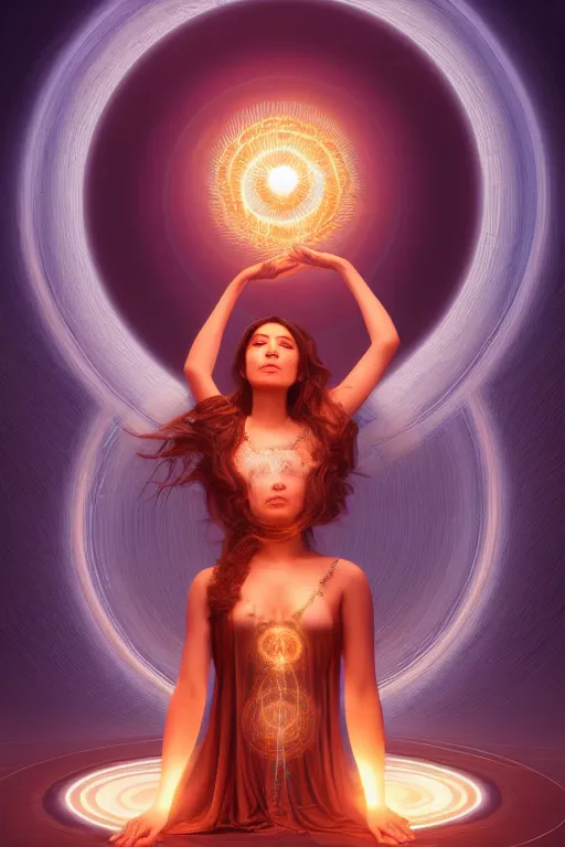 Image similar to a centered render of a goddess emitting a glorious energy from a circular portal on her head and is surrounded by spiral mandel bulb fractals, powerful, cinematic, beautifully lit, by artgerm, by karol bak, 3 d, trending on artstation, octane render, 8 k
