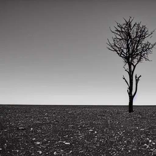 Prompt: A desolate wasteland, where the only sign of life is a lone, skeletal tree, bleak and foreboding.