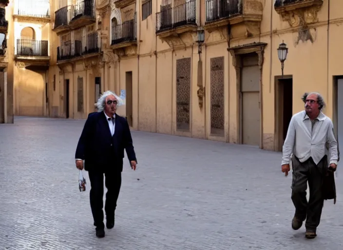 Prompt: jep gambardella strolling through the city of seville