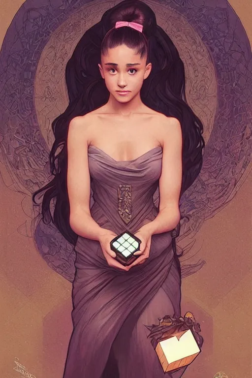 Prompt: beautiful cottagecore Ariana Grande holding a cube , intricate, elegant. •26ffce. highly detailed, digital painting, artstation, concept art, smooth, sharp, focus, illustration, art by artgerm and greg rutkowski and alphonse mucha