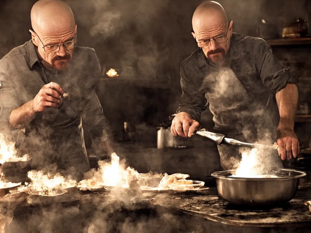 Image similar to walter white cooking eggs in a saucepan. He is looking worried. The stove is on fire. dramatic lighting, movie poster