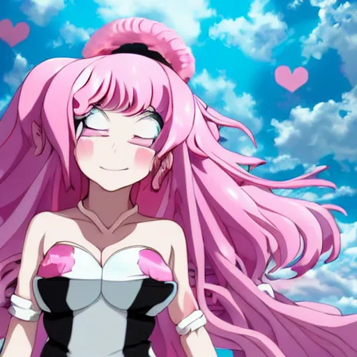 Image similar to stunningly beautiful omnipotent megalomaniacal anime goddess who looks like junko enoshima with symmetrical perfect face and porcelain skin, pink twintail hair and cyan eyes, looking down upon the viewer and taking control while smiling in a mischievous way, mid view from below her feet taken in an extremely low angle, hyperdetailed, 2 d 8 k