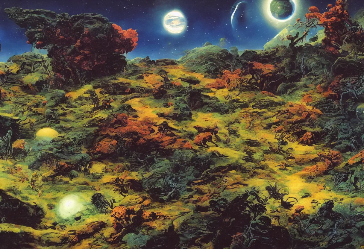 Prompt: landscape on alien planet with vegetation and organisms in outer space and galaxy, colorfully background, by rutkowsky and gerald brom and frazetta and rembrandt