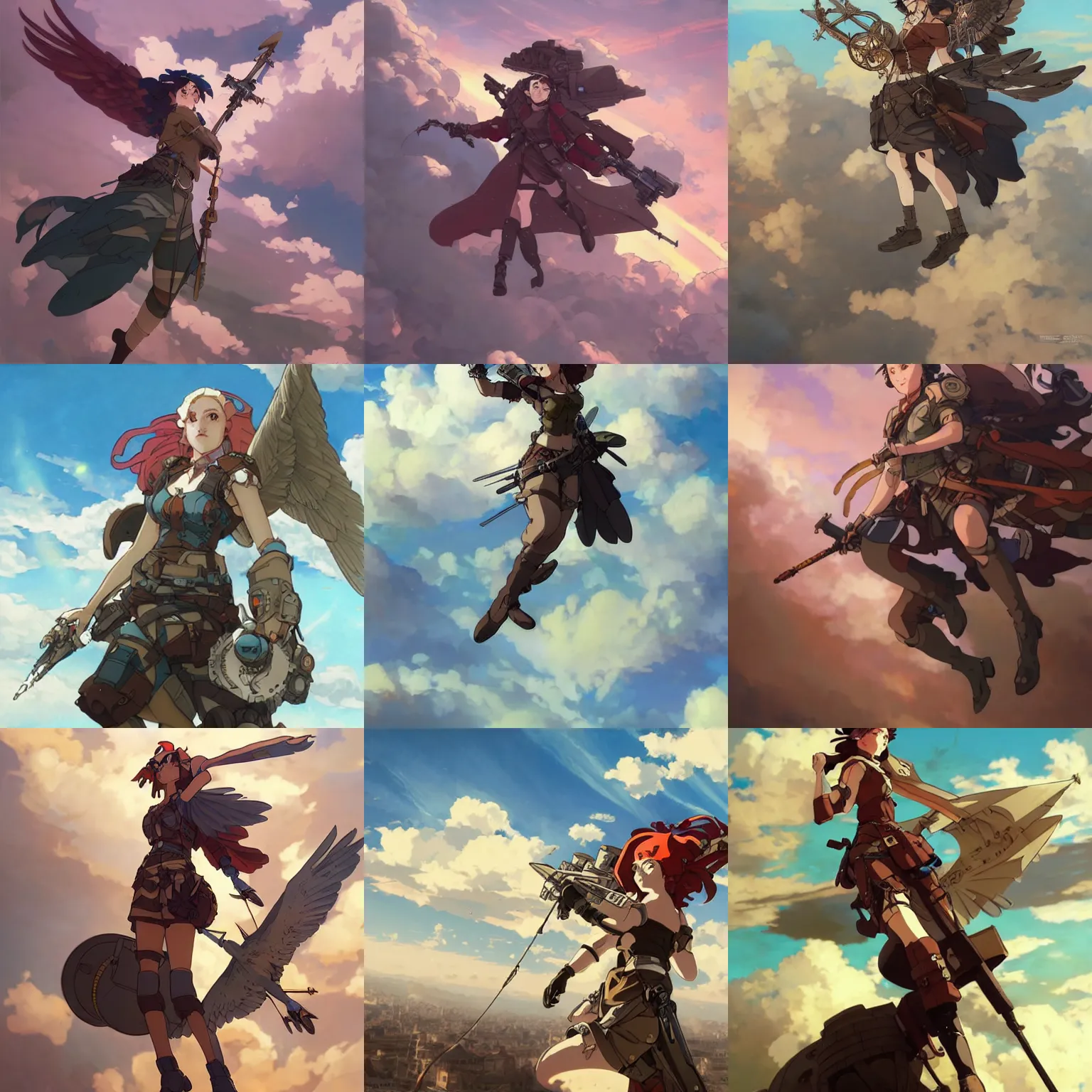 Prompt: a dieselpunk valkyrie taking flight into a vibrant sky, krenz cushart face, highly detailed, cel shading, digital painting, anime key visual, in the style of hayao miyazaki and alphonse mucha