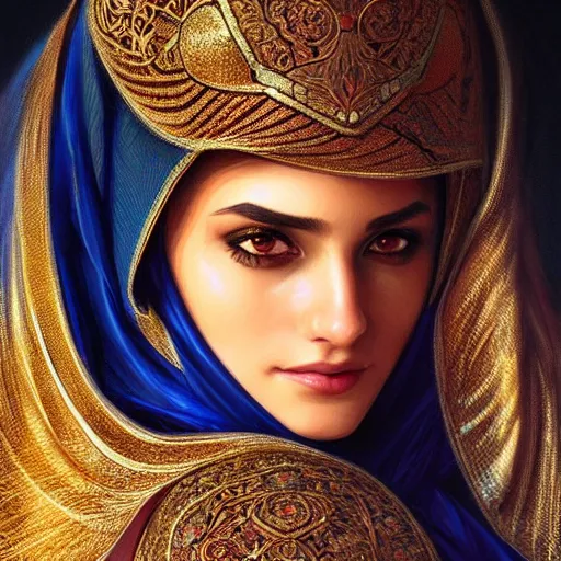 Image similar to Portrait of very very very very very very beautiful Arab woman, Niqab, glowing magical eyes, intricate, elegant, highly detailed, digital painting, artstation, concept art, smooth, sharp focus, illustration, art by artgerm and greg rutkowski and alphonse mucha