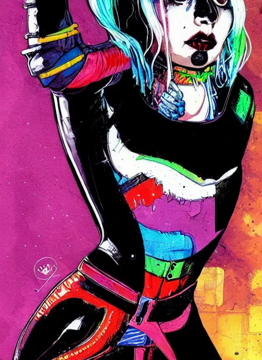 Image similar to beautiful lady gaga as harley quinn, horror, high details, bright colors, vivid, intricate details, by vincent di fate, artgerm julie bell beeple, 1 9 8 0 s, inking, vintage 8 0 s print, screen print