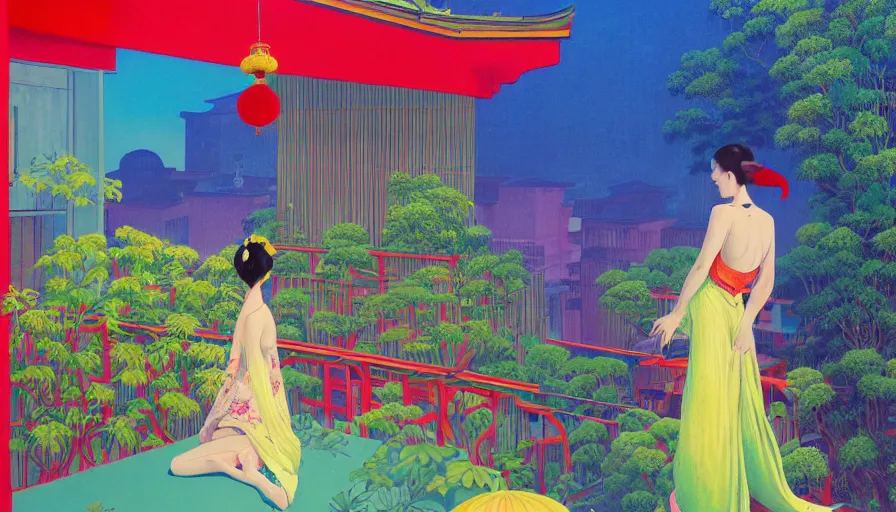 Prompt: a vibrant dream of nostalgic psychedelic hallucination of a girl from behind on a balcony looking over kyoto japan, lush plants and lanterns, a beautiful woman wearing a gucci dress, high fashion, by moebius, edward hopper and james gilleard, zdzislaw beksinski, james jean, steven outram hd, 8 k, artstation