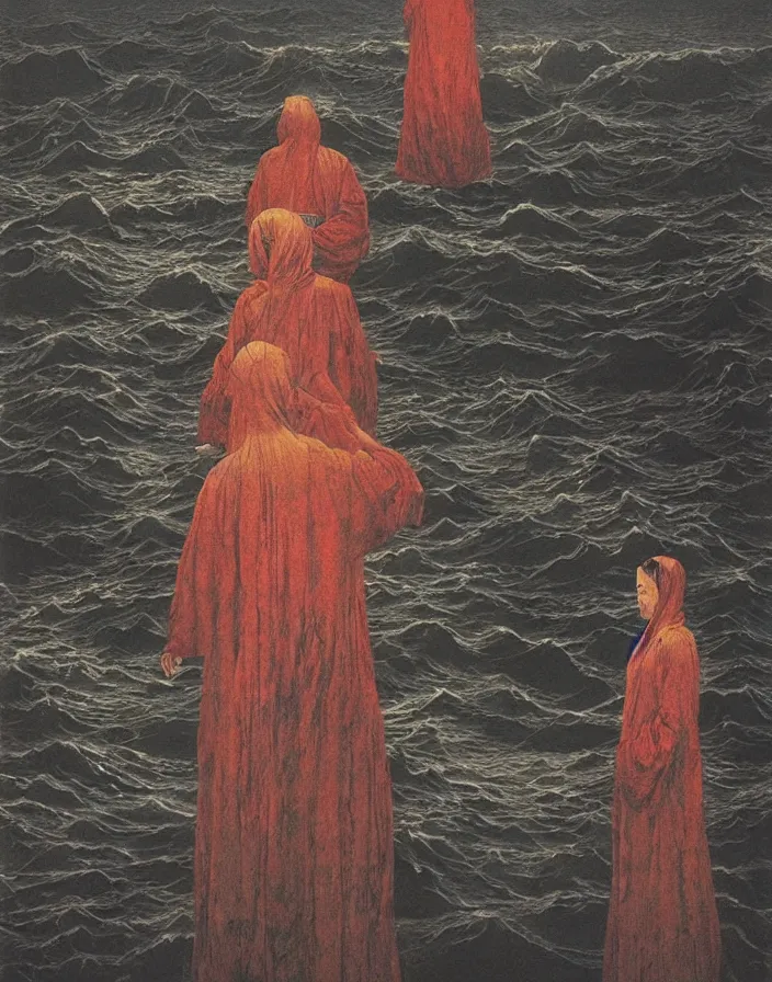 Image similar to worshippers in robes belonging to the cult of the lighthouse standing in waves, a lighthouse, high detailed beksinski painting, part by adrian ghenie and gerhard richter. art by takato yamamoto. masterpiece, dark and moody, deep colours