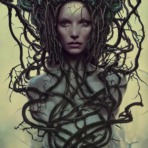 Image similar to dramatic portrait of the dark queen of snakes, wearing a crown of thorned vines, blue skin, wrapped in snakes, realism, dark fantasy illustration, surrounded by twisting forest, dynamic lighting, detailed textures, octane render, artstation