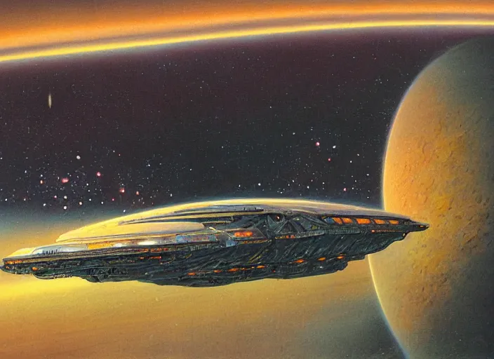 Prompt: a spaceship in an empty spacescape by bruce pennington