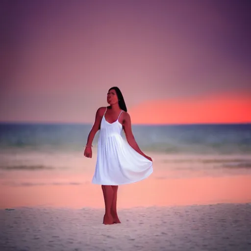 Image similar to a beautiful photograph of a woman in a white dress on the beach at sunset, by chris freilich