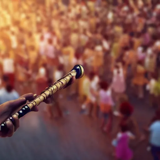 Image similar to a girl playing the flute while a crowd holds hands cinematic, hyper realism, octane render, 8 k, depth of field, bokeh.