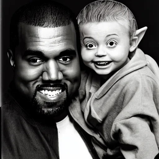 Image similar to kanye west smiling and holding holding yoda for a 1 9 9 0 s sitcom tv show, studio photograph, portrait