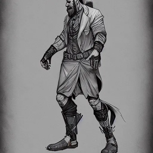 Image similar to character design sheet, concept art character, very high angle view, book cover, very attractive man with beard, walking in cyberpunk valley highly detailed full body, strong masculine features, sturdy body, command presence, royalty, smooth, sharp focus, organic, appealing, book cover, deep shadows, by borderland 3 sketch lineart for character design