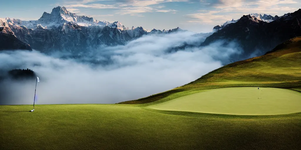 Image similar to a great photograph of the most amazing golf hole in the world, perfect light, over a cliff, in the swiss alps, high above treeline, ambient light, 5 0 mm, golf digest, top 1 0 0, fog