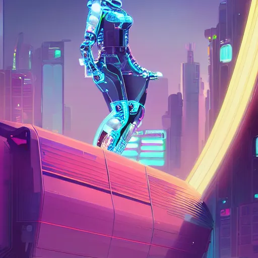 Prompt: butch cyborg woman repairs herself, cyberpunk art by james gilleard, cgsociety, retrofuturism, synthwave, retrowave, outrun