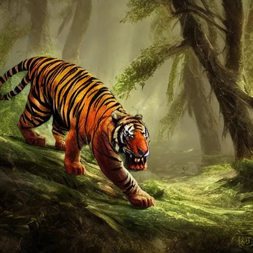 Image similar to a dragon and a tiger hybrid in the forest, dynamic lighting, photorealistic concept art, stunning visuals, creative, cinematic, ultra detailed, best detail