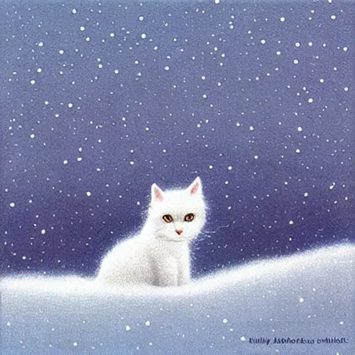 Image similar to a cute little white cat in winter wonderland, artwork of quint buchholz