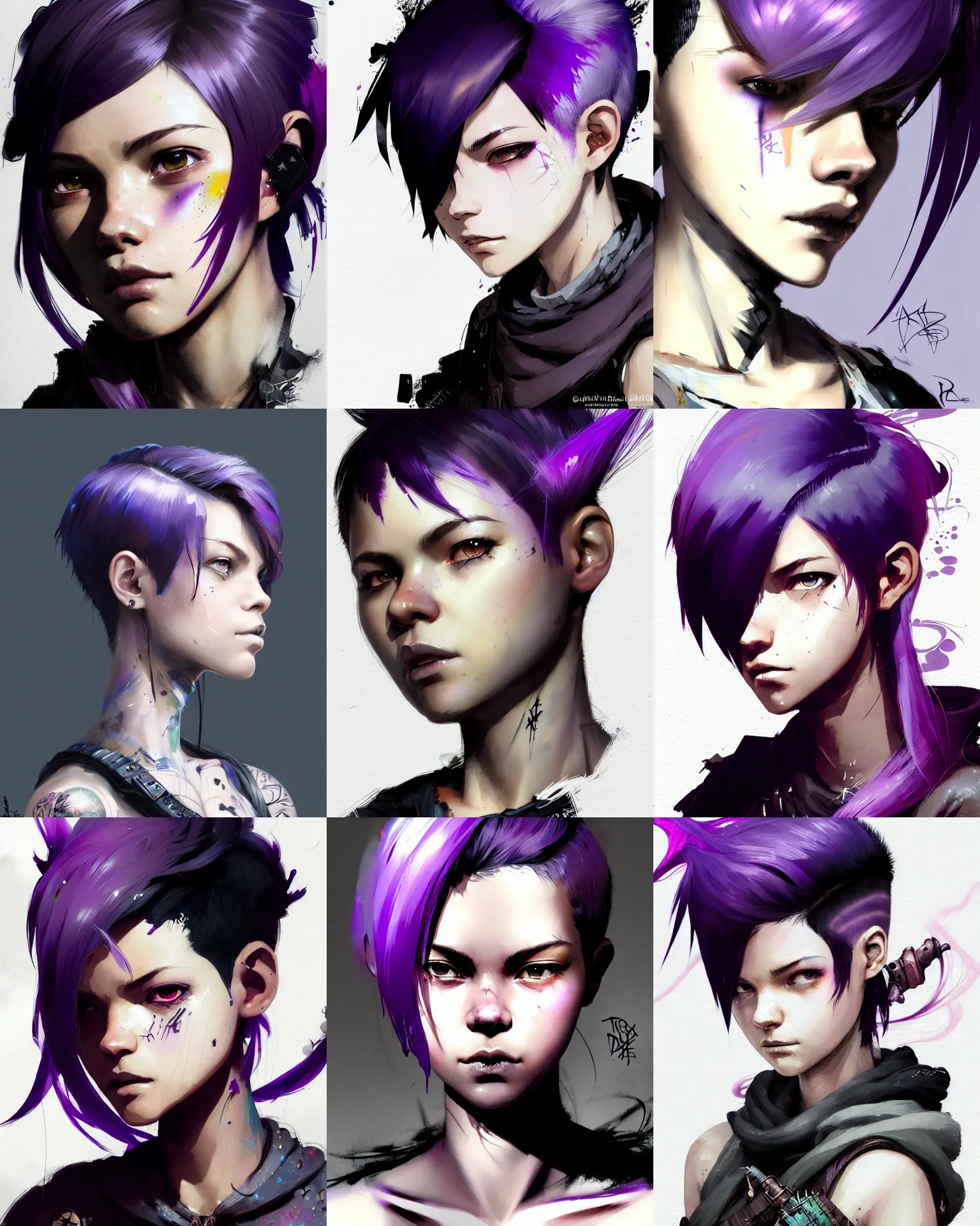 Prompt: Portrait of rugged young adult female, fantasy, pixie undercut hairstyle, black to purple fade hairstyle, intricate, highly detailed, digital painting, artstation, concept art, sharp focus, by Dustin Nguyen, Akihiko Yoshida, Greg Tocchini, Greg Rutkowski, Cliff Chiang, 4k resolution, nier inspired, graffiti inspired, tessa thompson inspired, vibrant but dreary