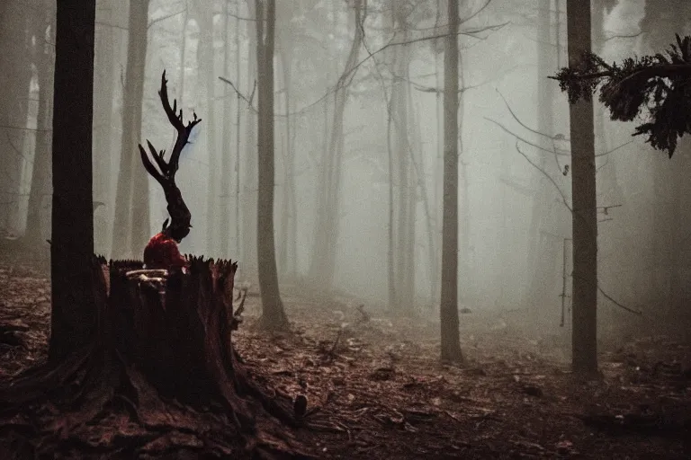 Image similar to terrible dark forest in the depths of which there is a large butcher chopping meat on a wooden stump from Dota 2 filmed hidden on a phone camera, Cinematic, wildlife photography, 35mm, photo on iphone