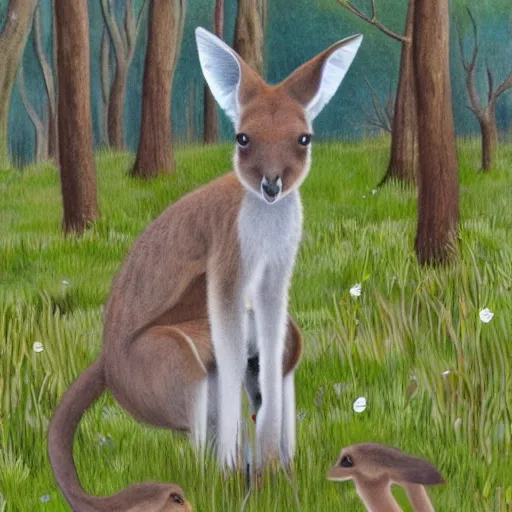 Image similar to detailed illustration, a young kangaroo in the boranup forest in the style of may gibbs,