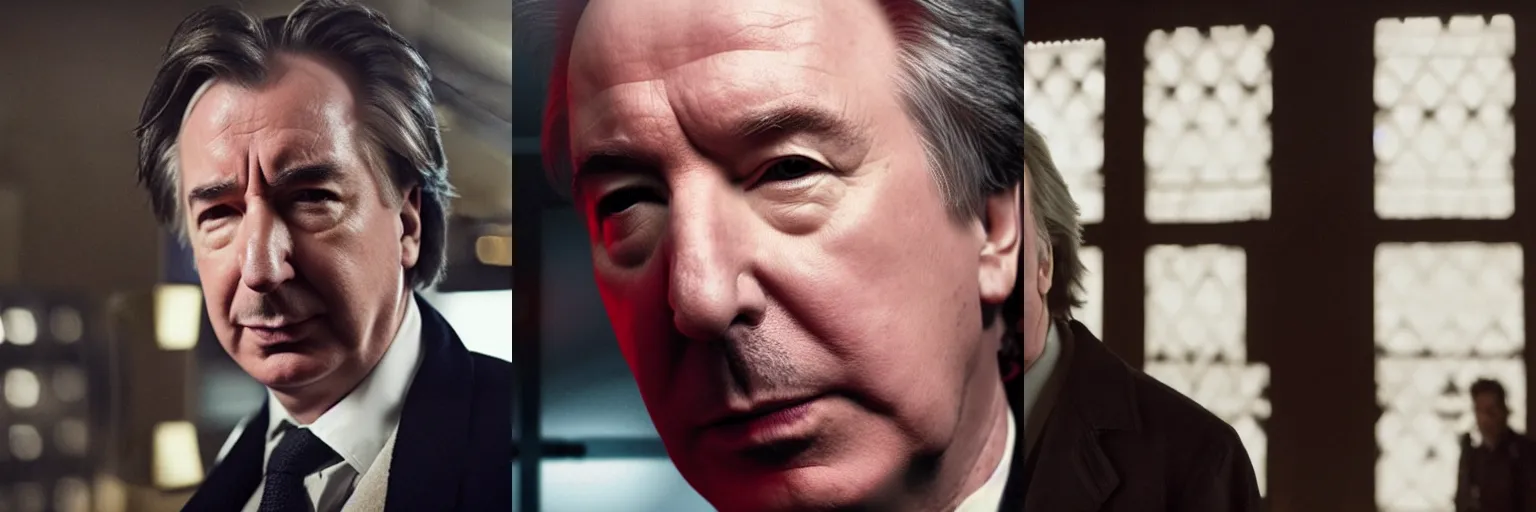 Prompt: close-up of Alan Rickman as a detective in a movie directed by Christopher Nolan, movie still frame, promotional image, imax 70 mm footage