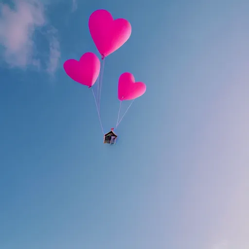 Image similar to dream a 5 0 mm lens photograph of a cute pink floating modern house, floating in the air between clouds, inspired by the movie up, held up from above by heart ballons. mist, playful composition canon, nikon, award winning, photo of the year