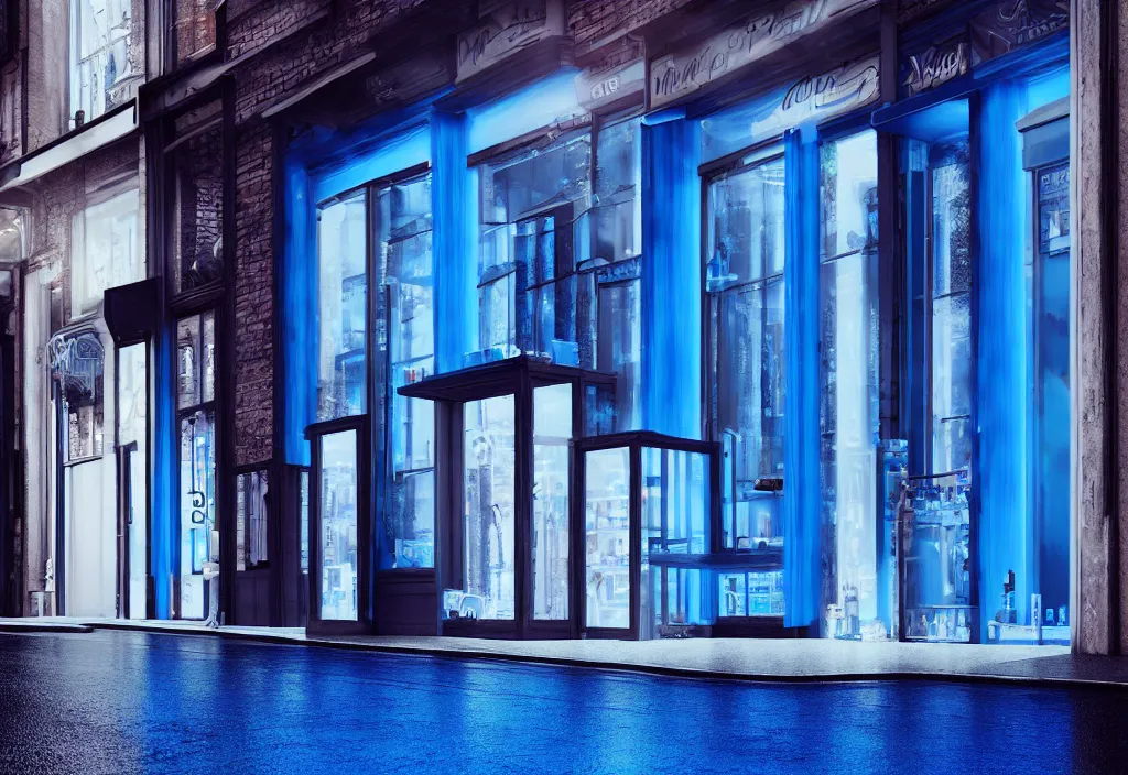 Image similar to old shopfront with blue wax lava lamps in the windows on shelves, the blue glow softly illuminating a wet road, 2 - point perspective from the street, photoreal octane render, night, detailed illustration