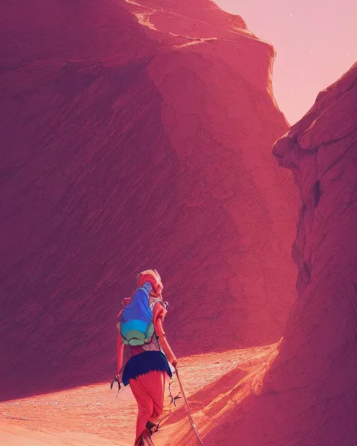 Image similar to a girl hiking in the sahara desert, full shot, focused, ambient lighting, detailed, fair - face, art by ayami kojima, makoto shinkai, kilian eng