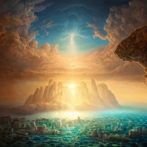 Image similar to A beautiful render of a lost city under the ocean, by robert steven connett and tomasz alen kopera and Jordan Grimmer, salvador dali style, gods ray, mesmerizing clouds, underwater, 4k hd wallpaper