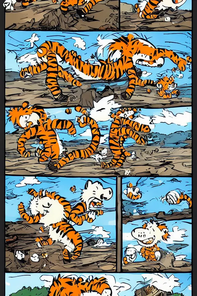 Image similar to Calvin and Hobbes as adults on crack