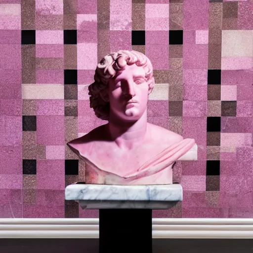 Image similar to a greco - roman marble bust sits on a pink and black checkerboard tile floor, a pink wall in the background with a framed photo of a cityscape at night