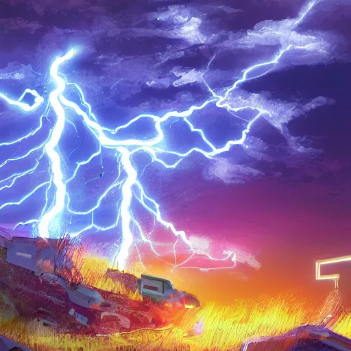 Prompt: power transformer exploding from lightning strike, digital painting, 8 k, dynamic lighting