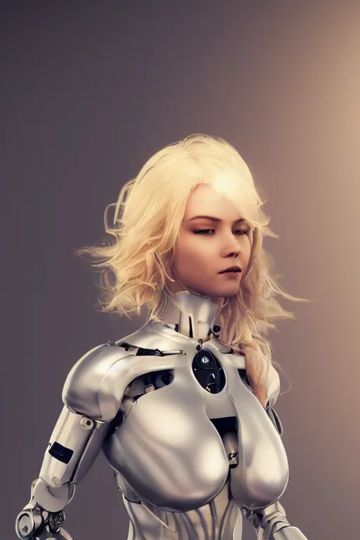 Image similar to a beautiful woman with blonde hair wearing robot suit with wires and light, highly detailed, photorealistic, artstation, smooth