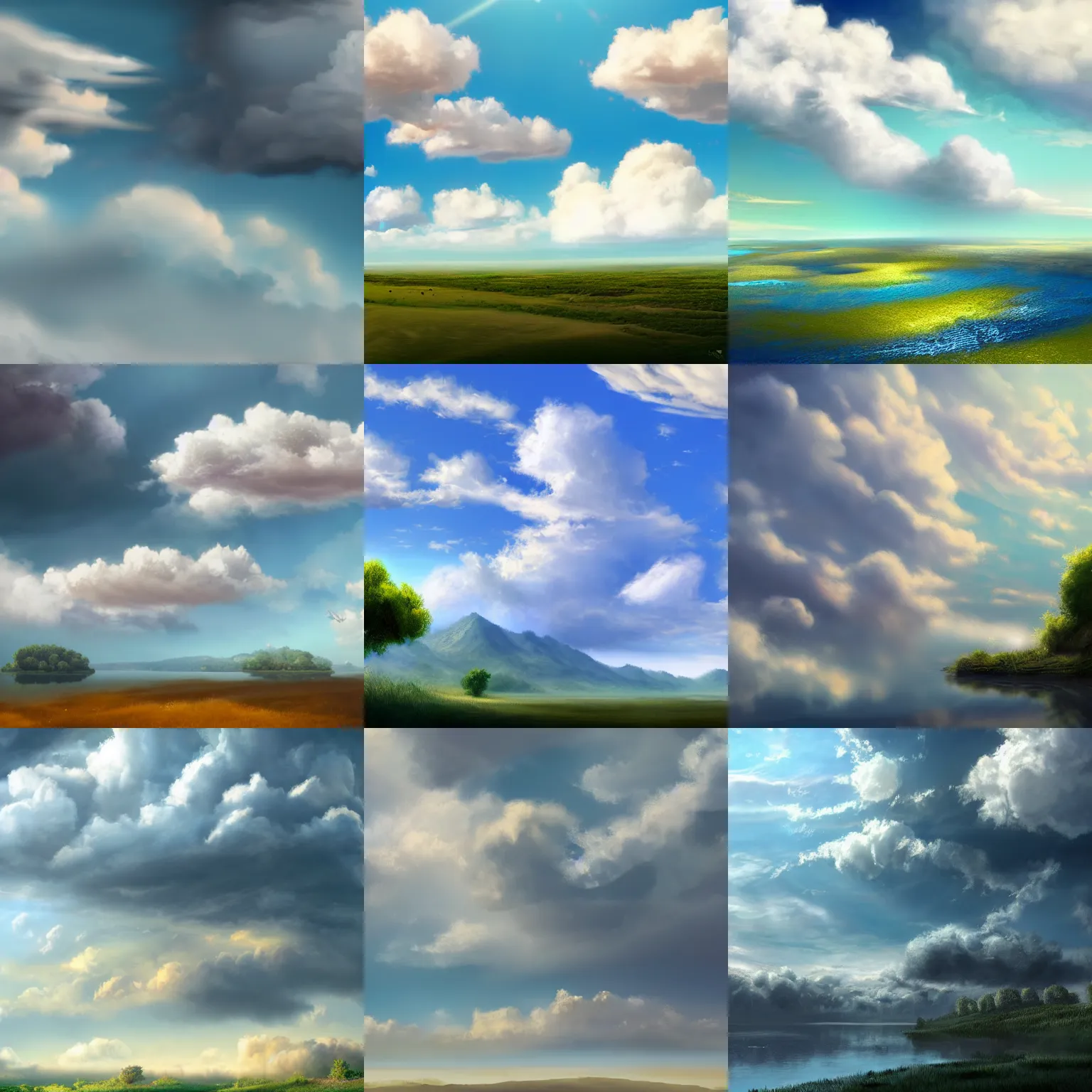 Image similar to peaceful puffy clouds, matte painting, concept art, 4k