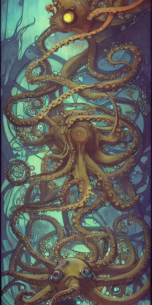 Image similar to fantasy fish, octopus, squid, in futuristic aquarium, cyberpunk, concept art, schematics, gnarly details painted by norman rockwell, mucha, gurney