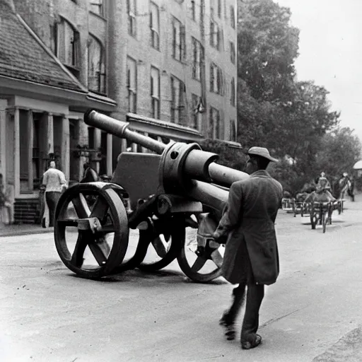 Prompt: photograph of an eldery gentleman towing a howitzer! artillery! which is connected to his mobility scooter, on a street