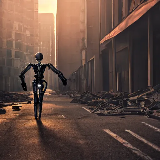 Image similar to dark picture of a metalic terminator exoskeleton walking on a destroyed city, 8 k, uhd, gloomy background, golden hour, 5 0 0 mm