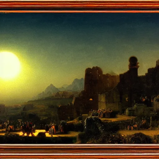 Image similar to dark solar eclipse, above a village, highly detailed, studio 4 k quality, by arnold bocklin