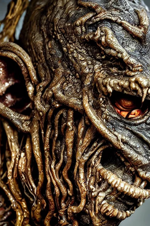 Image similar to photo taken of an epic intricate, ultra detailed, super realistic gritty, wet, slimy, lifelike sculpture of a nightmarish hellish alien ghoulish creature created by weta workshop, zoomed in shots, photorealistic, sharp focus, white wall coloured workshop, cold blueish colour temperture, f 0. 4, face centred, golden ratio, golden hour