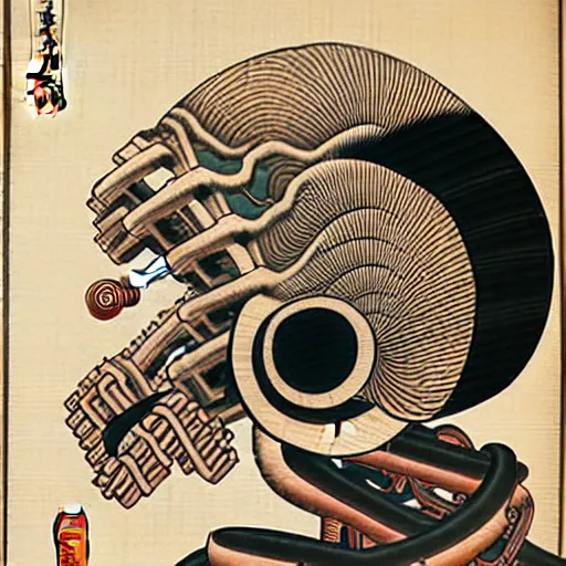 Image similar to biomechanical ukiyo - e woodblock, very detailed, hyperrealistic