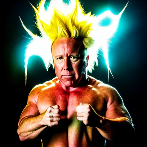 Prompt: uhd candid photo of alex jones as a super sayian, glowing, global illumination, studio lighting, radiant light, detailed, intricate costume. photo by annie leibowitz