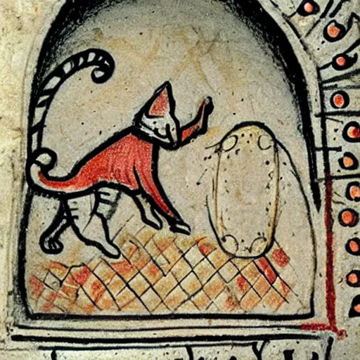 Prompt: medieval marginalia drawing of a cat dancing with a dog
